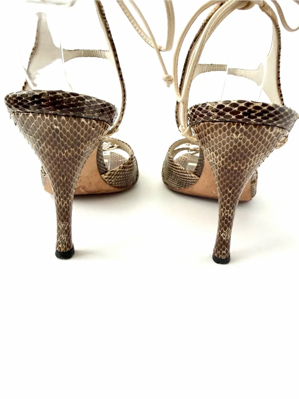 GUCCI | Vintage Snakeskin Bow Ankle Tie Stiletto Sandal Heels Brown Size 8.5B